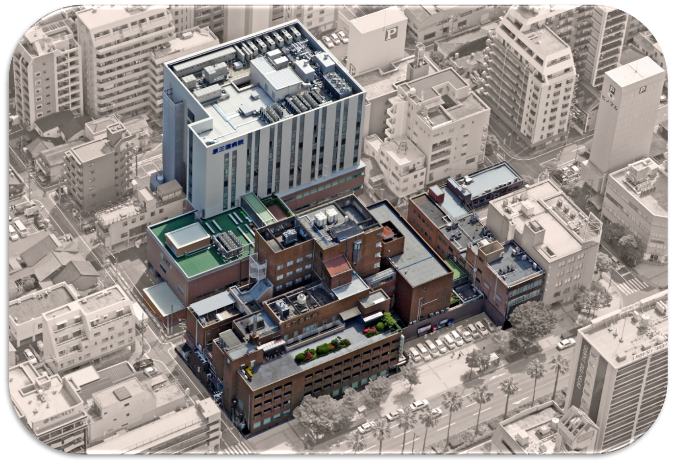 図：原三信病院を上空から俯瞰した様子