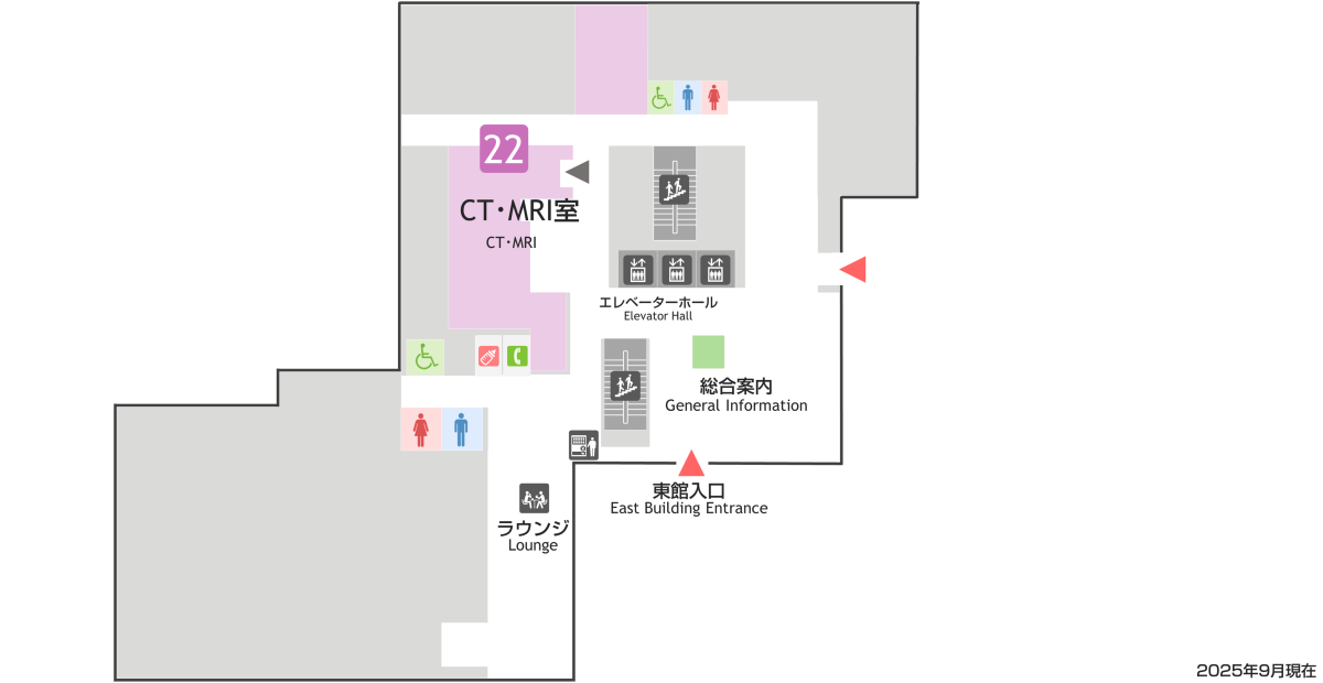 東館1階マップ：本館の「東口」の向かいに「東館」の出入口があります。出入口近くに「総合案内」があります。東館1階には「CT室」「MRI室」「発熱外来」があります。その他「自動精算機」「階段とエレベーター」「トイレ」「自販機」があります。