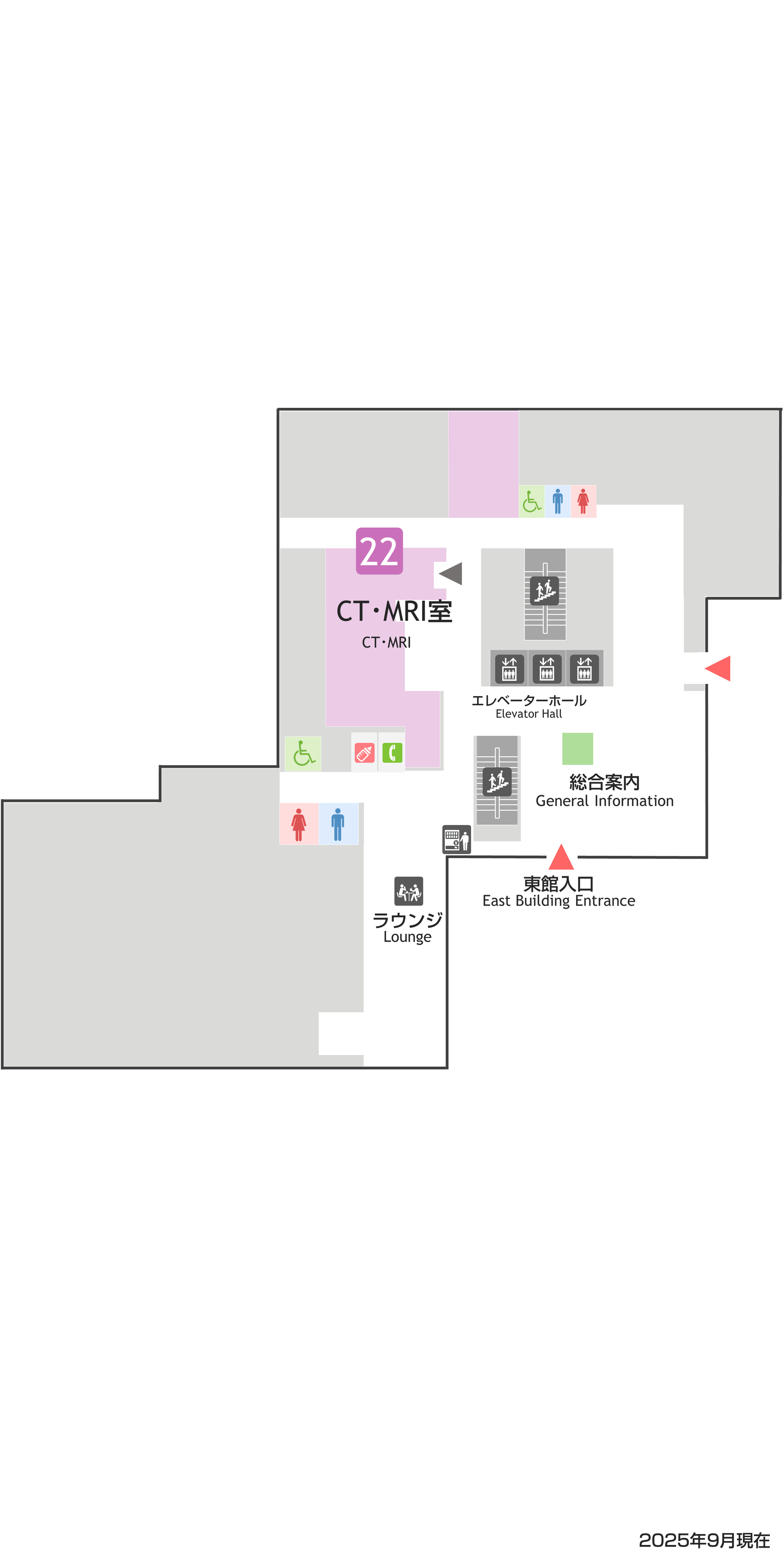 東館1階マップ：本館の「東口」の向かいに「東館」の出入口があります。出入口近くに「総合案内」があります。東館1階には「CT室」「MRI室」「発熱外来」があります。その他「自動精算機」「階段とエレベーター」「トイレ」「自販機」があります。